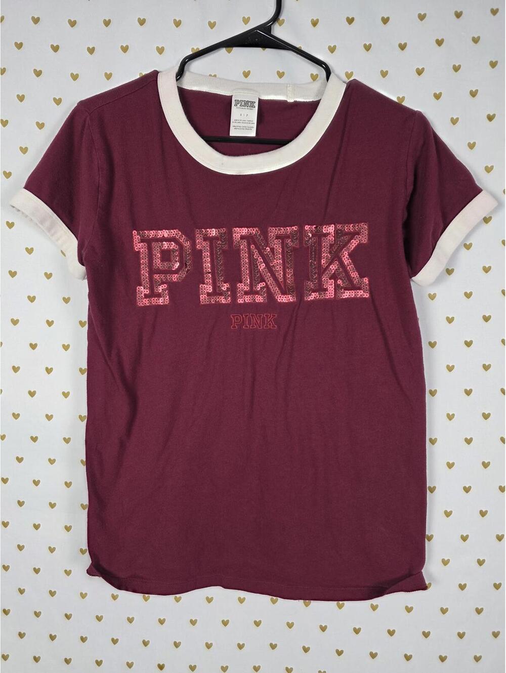 Victorias Secret PINK Logo BLING SEQUINED ringer tee shirt Small